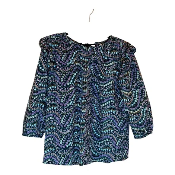 LOFT Ruffled Black Floral 3/4 Sleeve Feminine Blouse  Cotton Tie Back Top - Picture 3 of 13